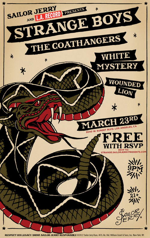 Sailor Jerry Presents: Strange Boys, White Mystery, The Coathangers & Wounded Lion - March 23rd at 9pm / 3040 W. Sunset Blvd. Los Angeles, CA / 21+ / Free with RSVP